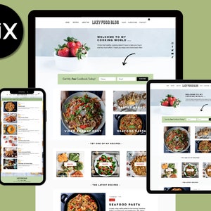 May include: A website screenshot showing a food blog with the title "Lazy Food Blog". The website features a variety of recipes, including seafood pasta, Easter bread, and salads. The website also includes a video format post and a call to action to get a free cookbook.