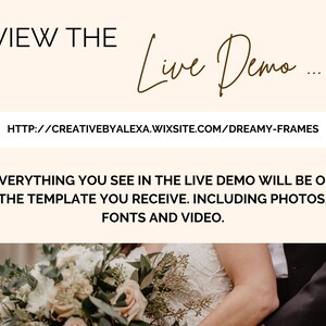 Puede incluir: Una plantilla de invitaci&oacute;n de boda con un dise&ntilde;o floral y el texto "VIEW THE Live Demo... HTTP://CREATIVEBYALEXA.WIXSITE.COM/DREAMY-FRAMES EVERYTHING YOU SEE IN THE LIVE DEMO WILL BE ON THE TEMPLATE YOU RECEIVE. INCLUDING PHOTOS, FONTS AND VIDEO."