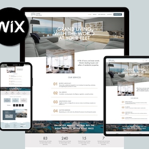 May include: Website screenshot displaying a real estate agency's homepage with a contemporary design. The website features a large image of a luxurious apartment with ocean views and the text "Grand Living with the World at Your Feet". The website also includes a section on the agency's services, which include buyer's advocacy, full service, negotiation strategy, and auction bidding.