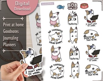 May include: A set of 10 digital planner stickers featuring a cartoon cat in various poses and with different sayings. The cat is white with brown spots and has a pink nose. The stickers include sayings like "No Thoughts Head Empty", "I Don't Want To Work", "Don't Talk To Me", and "Buffering..."
