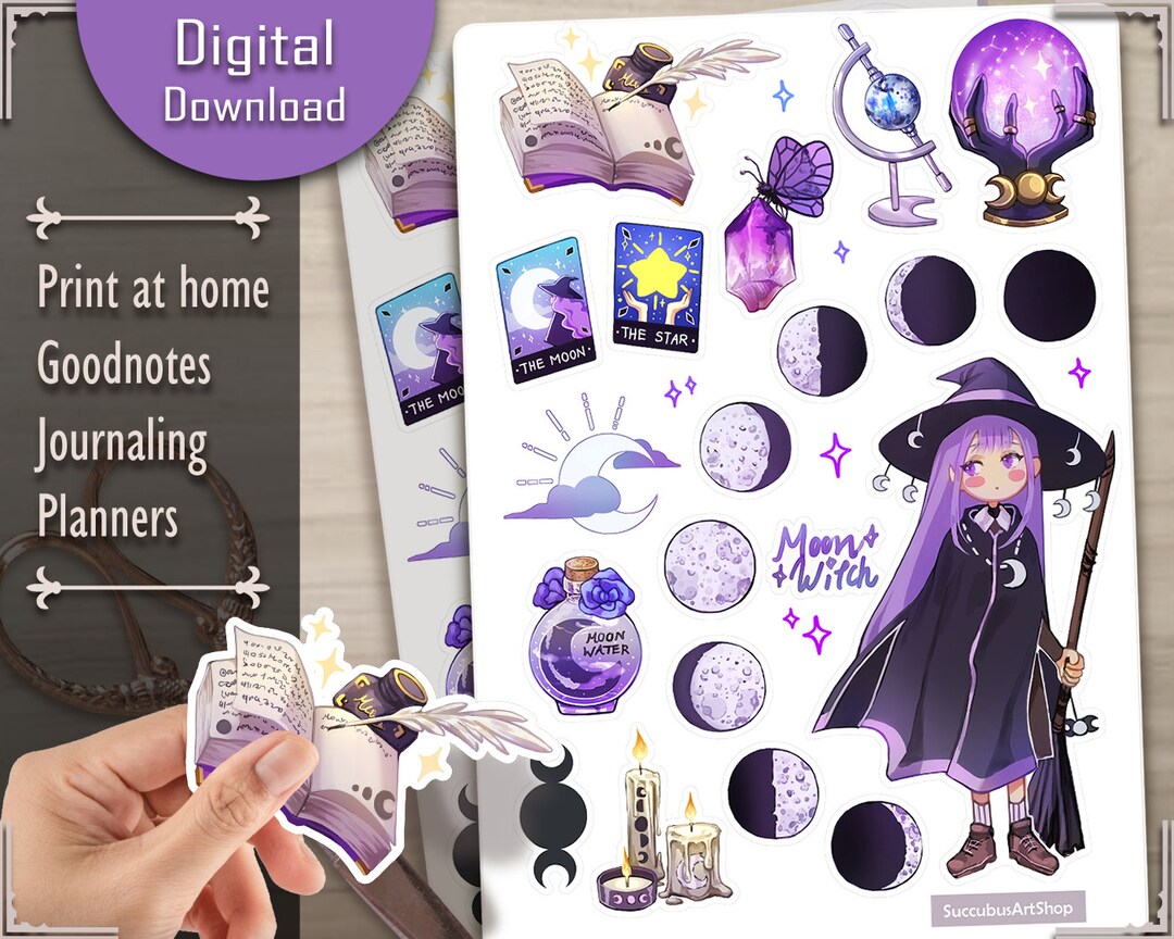 Printable Moon Witch Stickers | Digital Stickers | Goodnotes | Planner ...
