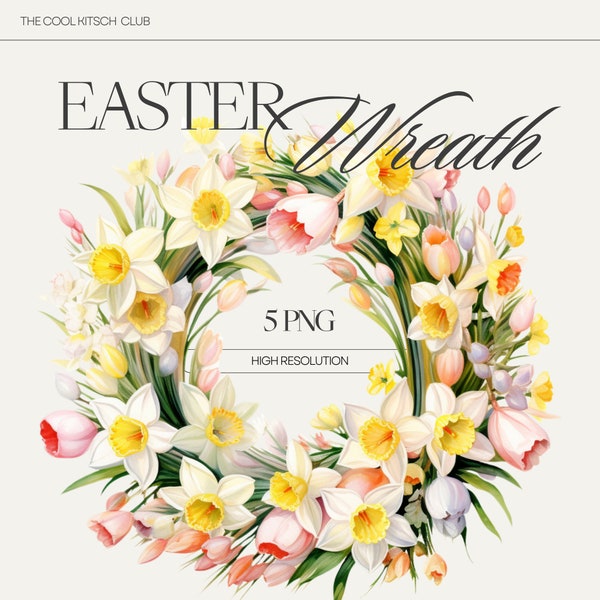 Watercolor Easter Wreath Clipart 5 High Quality PNG Files Daffodils Wreath Clip Art Floral Spring Wreath Clipart Easter Wreath Illustration