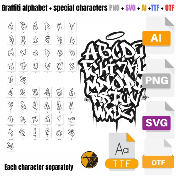 Graffiti Alphabet SVG/TTF/PNG,  GraffitiLetters, Graffiti Numbers, Clipart,hip hop svg, streetwear,urban font,font png,Procreate,Cricut