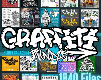 May include: A collection of 1840 graffiti-style fonts, graphics, and Canva templates. The image features a variety of fonts, including alphabet sets, numbers, and symbols. There are also several graphics, such as dripping paint, crowns, and graffiti-style frames. The image also includes several Canva templates that can be used to create custom designs.