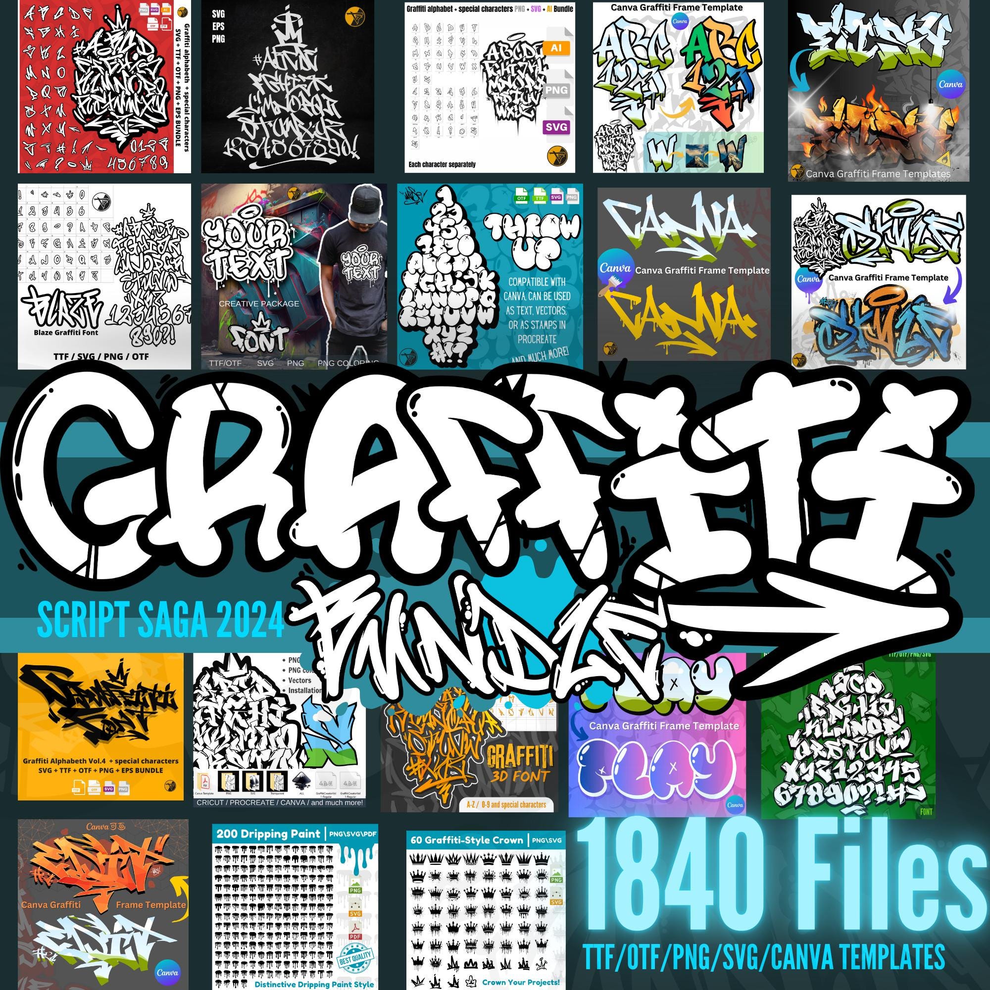 Graffiti Script Saga 2024 Bundle – Fuentes y clipart de street art (OTF/TTF, PNG, SVG) Descarga digital