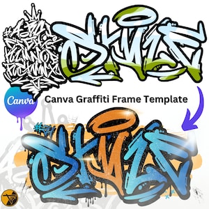 Op de afbeelding: Een digitale sjabloon voor het maken van graffitikunst. De sjabloon heeft een blauw, oranje en groen graffiti-ontwerp met het woord "SKID" in vetgedrukte letters. De sjabloon is ontworpen om te worden gebruikt in Canva.