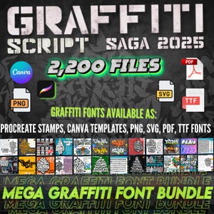 Op de afbeelding: Een digitaal grafisch ontwerp-pakket met graffiti-lettertypen. De afbeelding toont de tekst "GRAFFITI SCRIPT SAGA 2025" en "2.200 FILES". De lettertypen zijn beschikbaar als Procreate-stempels, Canva-sjablonen, PNG, SVG, PDF en TTF-lettertypen.