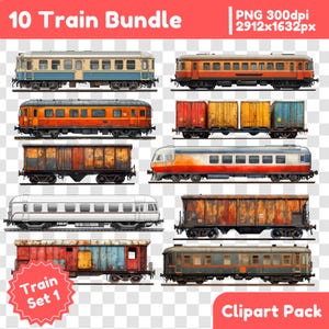 May include: A set of 10 train clipart images, including passenger cars, freight cars, and boxcars. The trains are in various states of repair, from pristine to rusty. The clipart is perfect for use in digital projects, such as scrapbooking, card making, and web design.