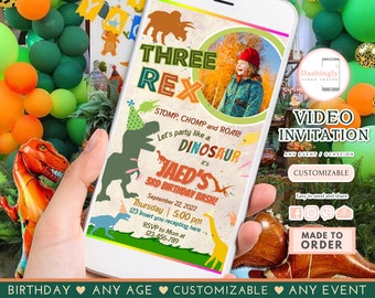 Three Rex Dinosaur Birthday Video Invitation (FREE Add Photo)