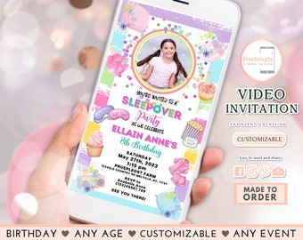 Sleepover Video Invitation Slumber Party Pajama Party Sleepover Birthday Invite Pink Girl Any AGE Pajama Video Invite (FREE Add Photo)