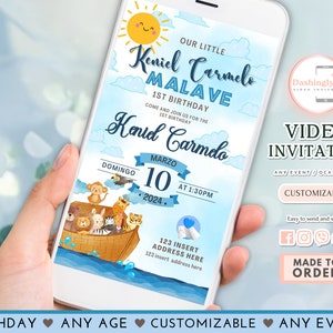 Noah&#39;s Ark Birthday Video Invitation: Blue Bible Story (Any Event)