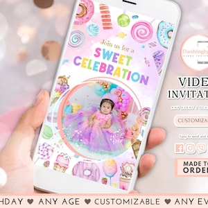 Sweets Candy Video Invitation Birthday Sweet Celebration Candy Girl Any Age Invite (FREE Add Photo)