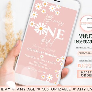 Daisy Birthday Video Invitation Pink Little Miss Onederful First Birthday Animated Digital Invitation (Any Age Video Invite)