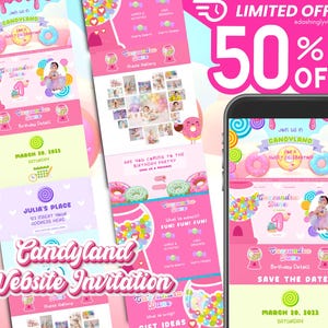 May include: A pink and white website invitation for a Candyland themed first birthday party. The invitation features a gumball machine, candy canes, and donuts. The text on the invitation reads "Join us in Candyland for a Sweet Celebration!" and "Save the Date: March 20, 2023, Saturday".