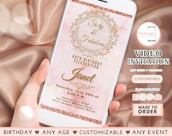 60th Birthday Party Video Invitation Adult Birthday Party Rose Gold Sixty Any Age Invite (FREE Add Photo)