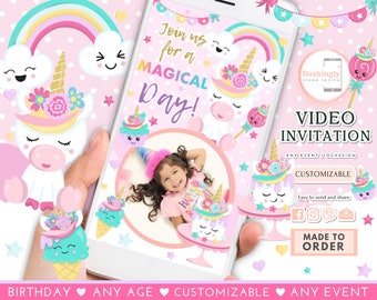 Unicorn Video Invitation Birthday Invite Pastel Unicorn Sweets Magical Rainbow ANY AGE(FREE Add Photos)