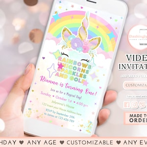 Unicorn Rainbow Birthday Video Invitation Rainbows Sparkles Gold Animated Invite Pastel Floral Unicorn Party Any Age