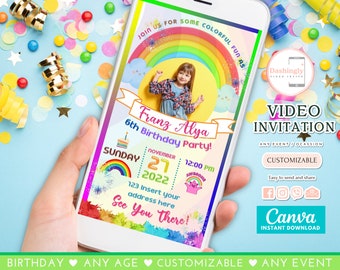 Rainbow Birthday Video Invitation: Fun Colorful Kids Invite (Canva Editable)