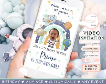Outer Space Birthday Video Invitation Planets Rocket Ship Astronaut Invite Galaxy 1st trip around the Moon 1st Birthday(FREE Add Photo)