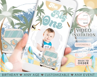The Big One Birthday Video Invitation Boy First Birthday Surfing Beach Party Surf&#39;S Up Any Age Invite (FREE Add Photo)