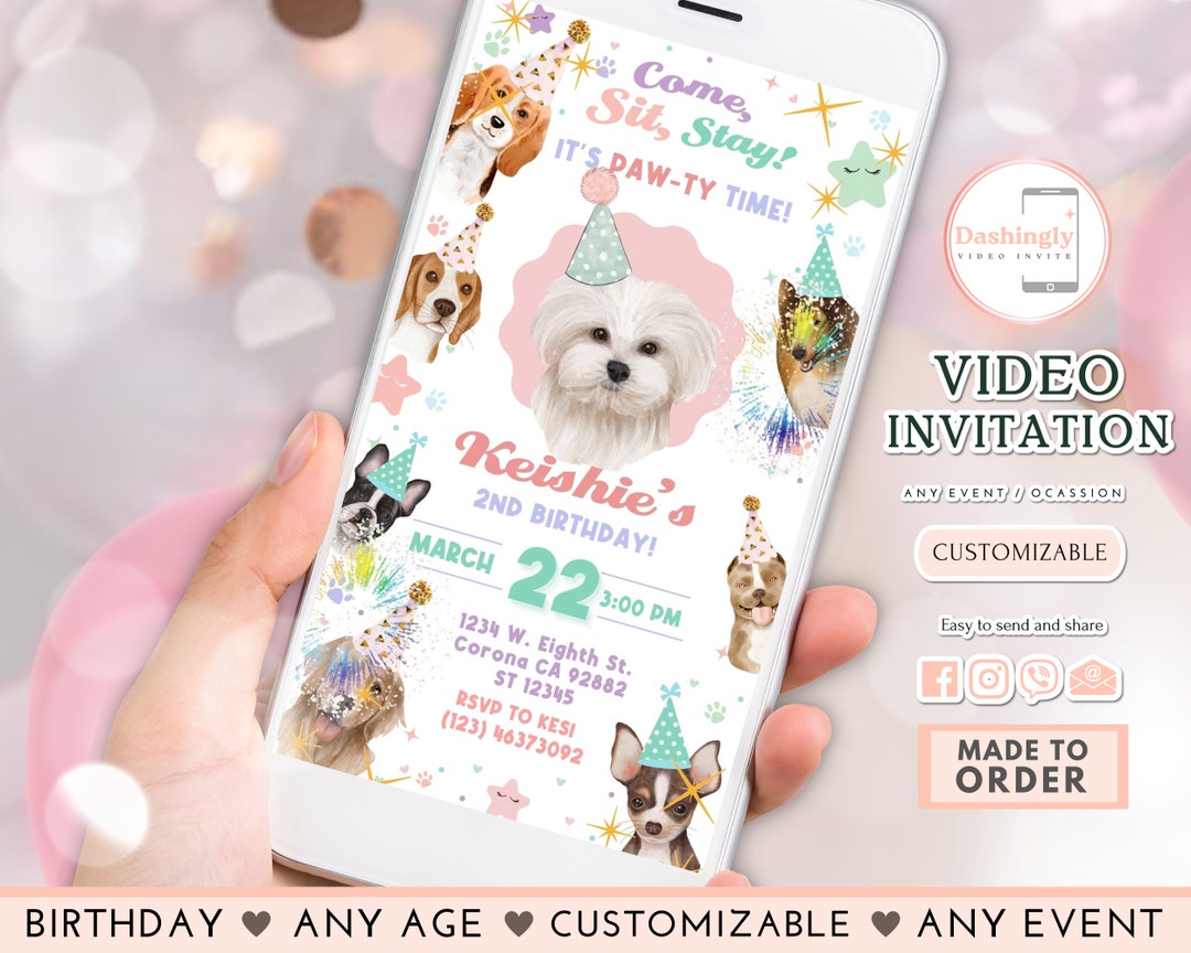 Dog Birthday Party Video Invitation Puppy Invite Pink Girl Doggy ...