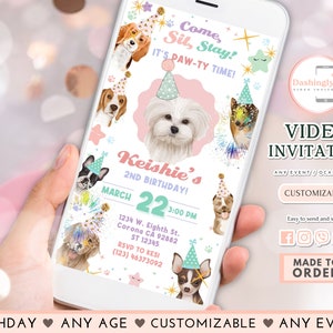 Hond Verjaardagsfeestje Video-uitnodiging Puppy Uitnodigen Roze Meisje Doggy Shelter Dier Huisdier Dierenarts Video-uitnodiging (GRATIS foto toevoegen)