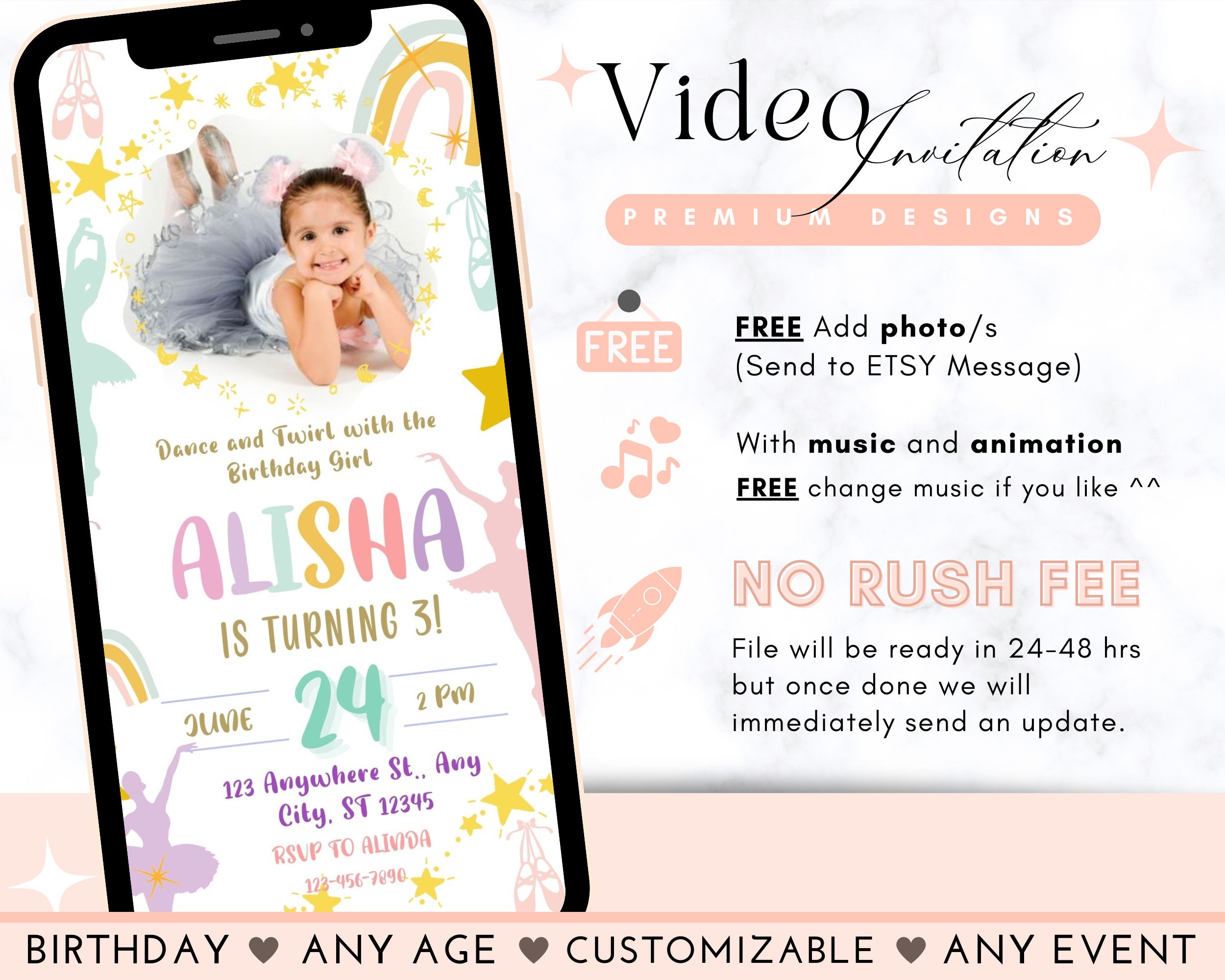 Ballerina Video Invitation Ballet Birthday Pastel Rainbows Birthday ...