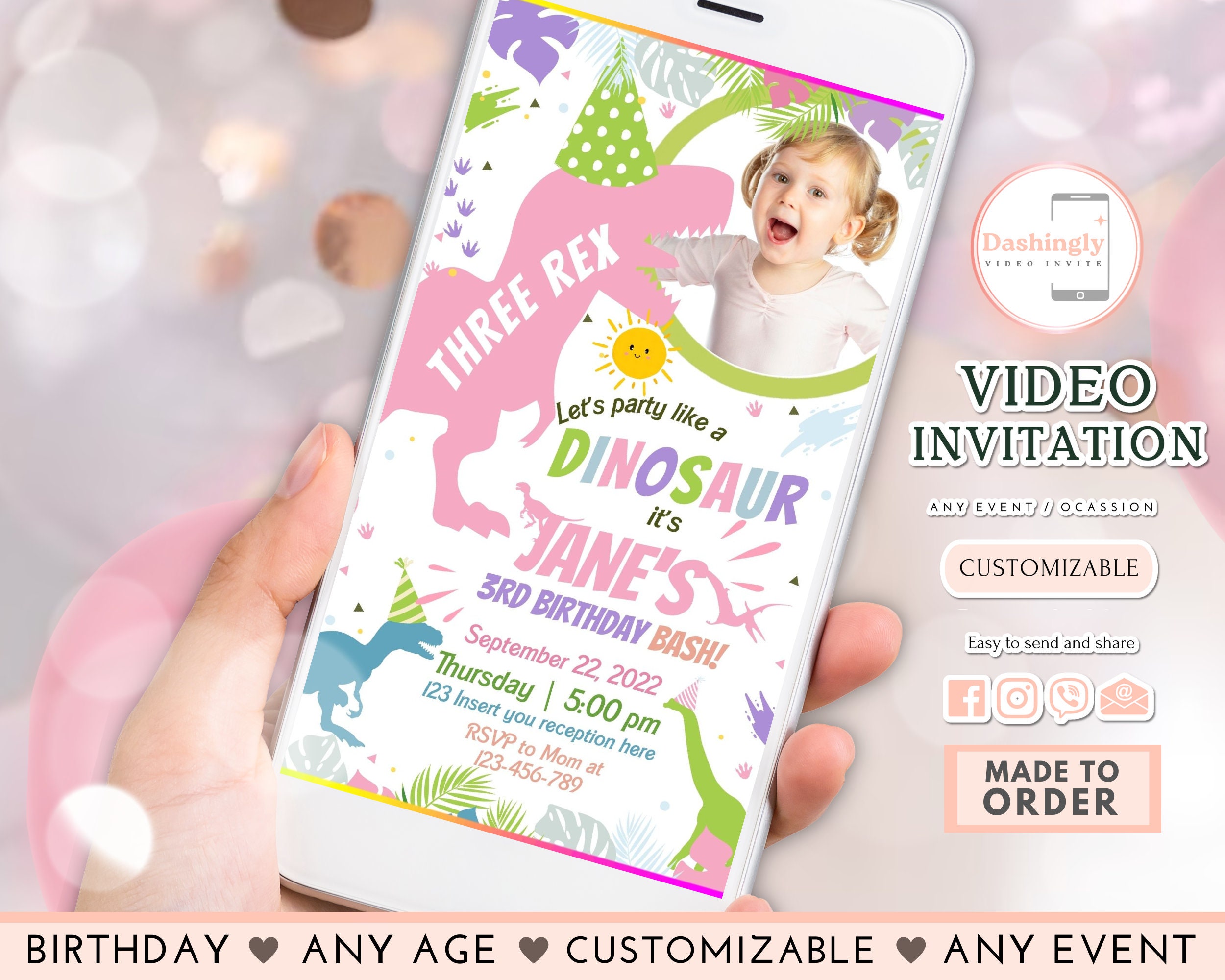 Pastel Dinosaur Birthday Video Invitation Three Rex Dino Invite 3rd Birthday Party Stomp Chomp Roar RAWR Any Age (FREE Add Photo)