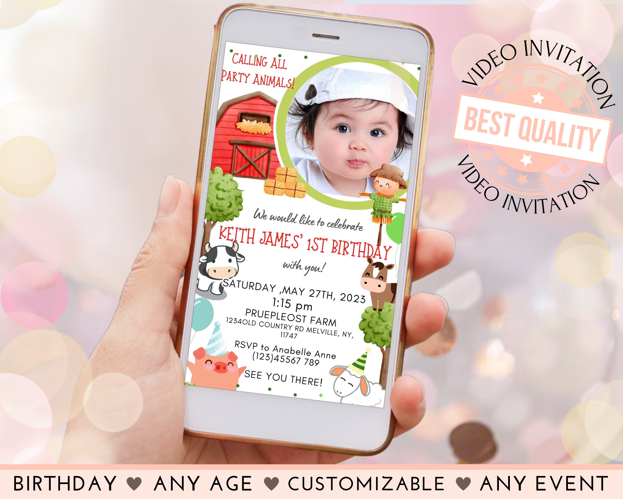 Farm Animals Birthday Video Invitation Boy Farm Barnyard First Birthday ...