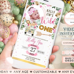 Wild One Video Invitation Safari Pink 1st Birthday Any Age Invite Jungle Animals invite (Video Invitation)