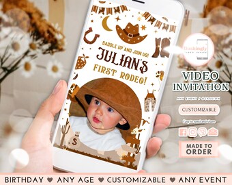 May include: A customizable video invitation for a first rodeo party. The invitation features a cartoon cowboy hat, a pair of cowboy boots, and a baby wearing a cowboy hat. The text on the invitation reads "Saddle Up and Join Us! Julian's First Rodeo!"