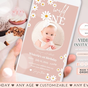 Daisy Birthday Video Invitation Daisy Wild One 1st Birthday Bohemian Floral Any Event (FREE Add Photos)