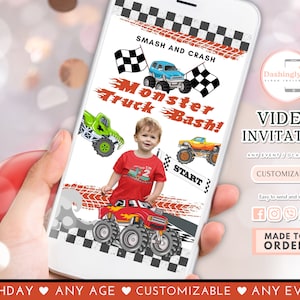 Monster Truck Video Uitnodiging Monster Truck Party Uitnodiging Rally Boy Birthday Bash (GRATIS Foto toevoegen)