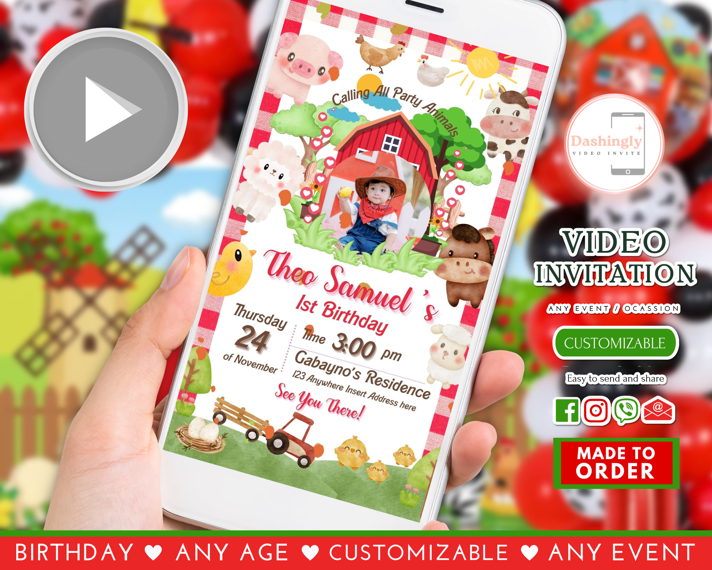 Farm Animals Birthday Video Invitation Boy Farm Barnyard First Birthday ...