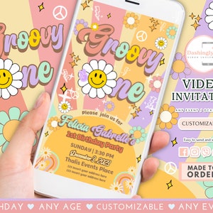 Groovy 1st Birthday Video Invitation: Pink Peach Daisy Van (Add Photo)