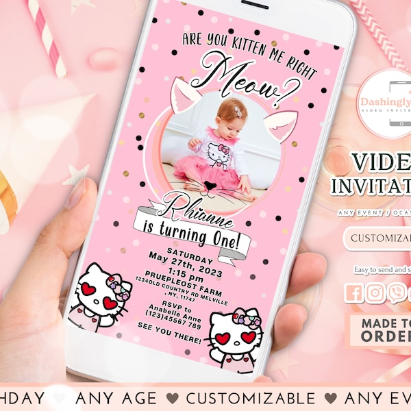 Invitation vidéo de fête d'anniversaire de chaton rose blanc Kawai Party chat invitation d'anniversaire pour enfants de tout âge (ajouter une photo GRATUITE)