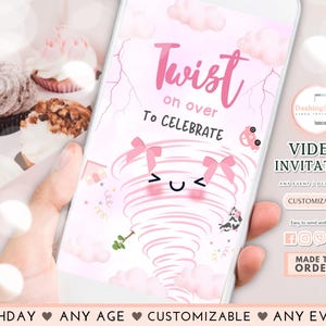 TWOnado Birthday Video Invitation Pink Girls Tornado Kids Invite Storm Chaser 2nd Birthday Party ANY AGE(FREE Add Photo)