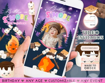 May include: A digital video invitation for a birthday party with a s'mores theme. The invitation features a cartoon campfire with a smiling marshmallow and a starry night sky background. The text "Birthdays are S'MORE fun together!" is displayed on the invitation.