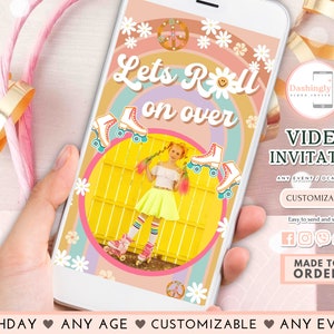 Retro Roller Skate Birthday Video Invitation: Groovy Daisy Rainbow Design