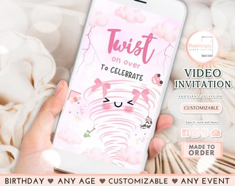 TWOnado Birthday Video Invitation Pink Girls Tornado Kids Invite Storm Chaser 2nd Birthday Party ANY AGE(FREE Add Photo)