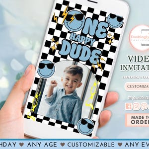 One Happy Dude Birthday Video Invitation Blue Groovy One Cool Dude Happy Dude Smiley Retro Birthday AGE (FREE Add Photo)