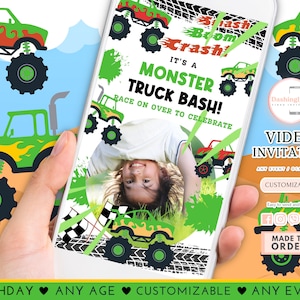 Monster Truck Video Invitation Rally Birthday Boy Monster Jam Bash Invite Grave Digger (FREE Add Photo)