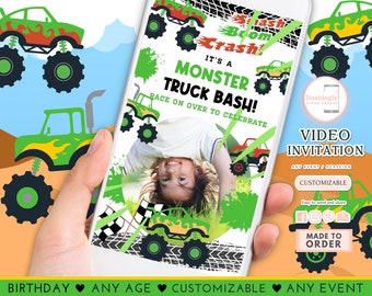 Monster Truck Video Invitation Rally Birthday Boy Monster Jam Bash Invite Grave Digger (FREE Add Photo)