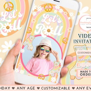 Retro Roller Skate Birthday Video Invitation: Groovy Rainbow Daisy (FREE Add Photo)