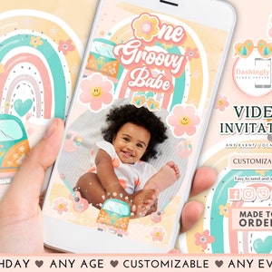 ONE Groovy Video Invitation Babe Pink Peach Van Daisy Rainbow Groovy 1st Birthday Hippie Party Any Age(FREE Add Photos)