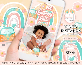 Groovy Babe 1st Birthday Video Invitation: Pink Peach Van (Add Photos)