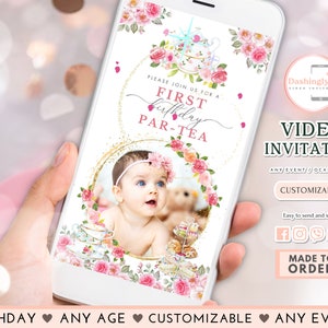 Tea Party Birthday Video Invitation Pink Gold Par-tea Invite Tea Party Pink Floral Invite Any Event (FREE Add Photos)