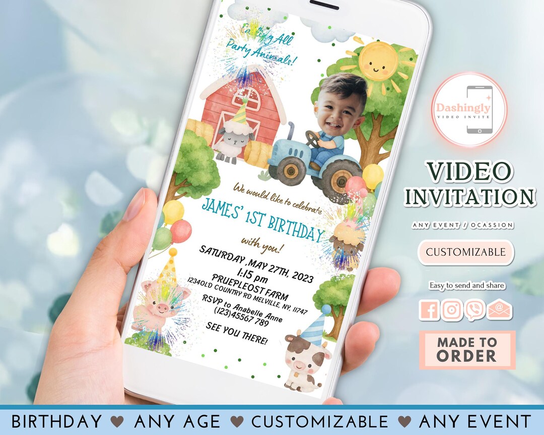 Farm Animals Birthday Video Invitation Boy Farm Barnyard First Birthday ...