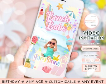 May include: A customizable video invitation template with a beach theme. The template features a pink and blue color scheme with a surfboard, ice cream, and a watermelon. The text "Beach Babe" is written in pink letters. The template is designed for a birthday party, but can be used for any event. The text "Hary Anne" is written in rainbow letters.