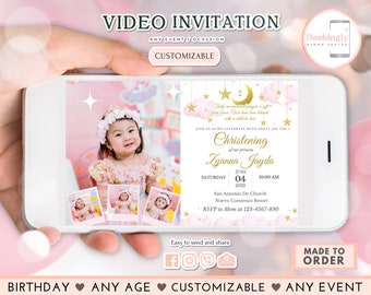 Twinkle Twinkle Little Star Christening Video Invitation Birthday Party Pink birthday Stars Sparkle Girl  Any Age (FREE ADD Photos)
